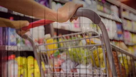 Animation-of-graphs-over-hands-of-caucasian-woman-holding-shopping-cart