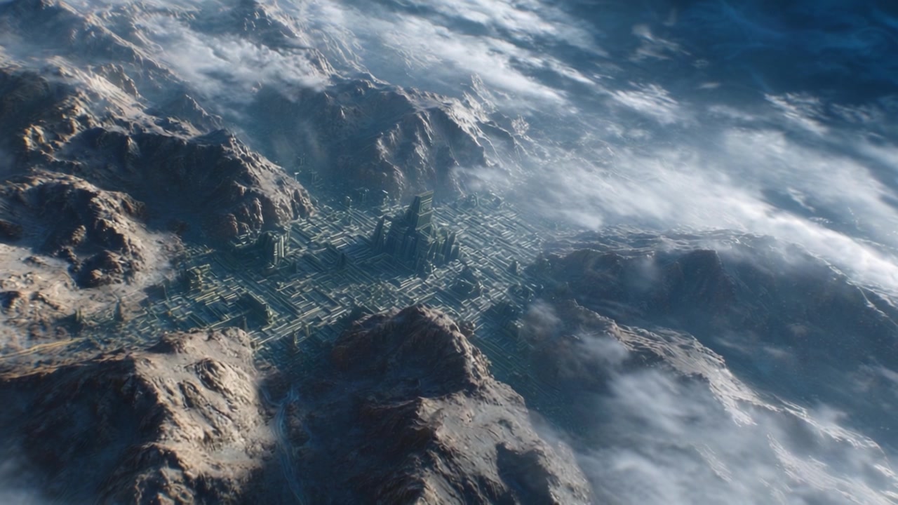 Vista aerea di una complessa città futuristica circondata da maestose montagne e nuvole enigmatiche, catturata in un paesaggio mistico tra strati di atmosfera.