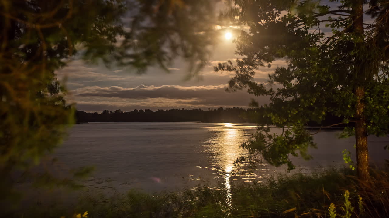 lapso de tiempo del lago y el bosque en el fondo enmarcado por árboles en primer plano