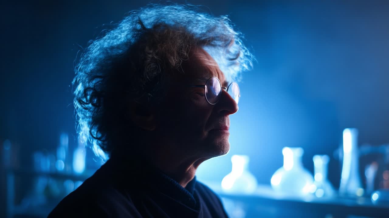 An Introspective Scientist in a Dimly Lit Laboratory, Illuminated by Soft Blue Light, Capturing a Moment of Contemplation and Creativity in a Unique Atmosphere