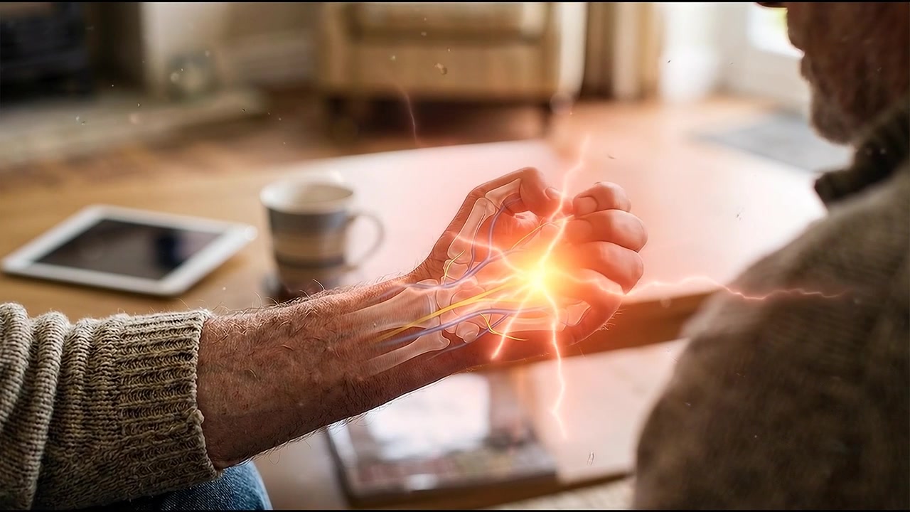 Uomo anziano con dolore alla mano e sovrapposizione di anatomia animata