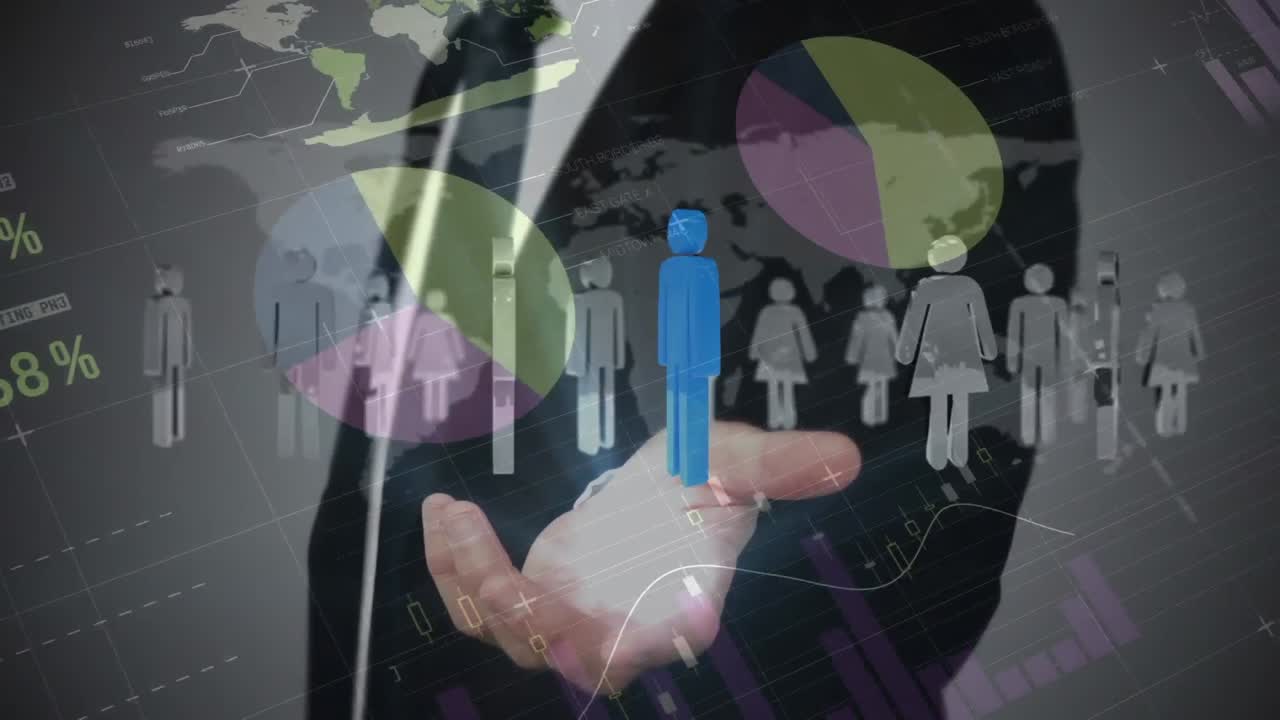 animación de iconos de personas, mapa del mundo sobre empresario y procesamiento de datos