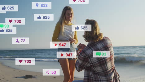 proposing on beach, couple surrounded by social media notifications animation