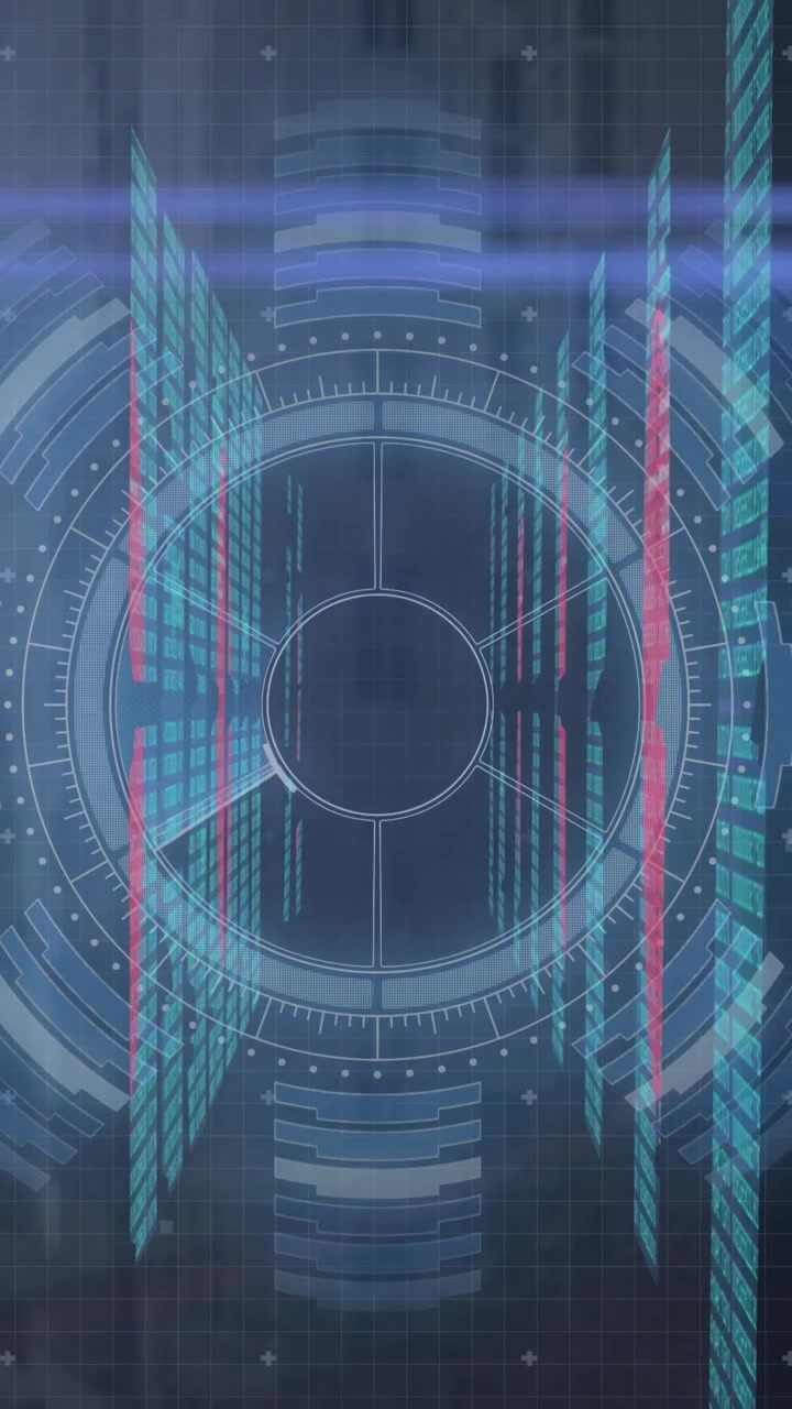 Animation of multiple screens with data processing and neon round scanner against tall buildings