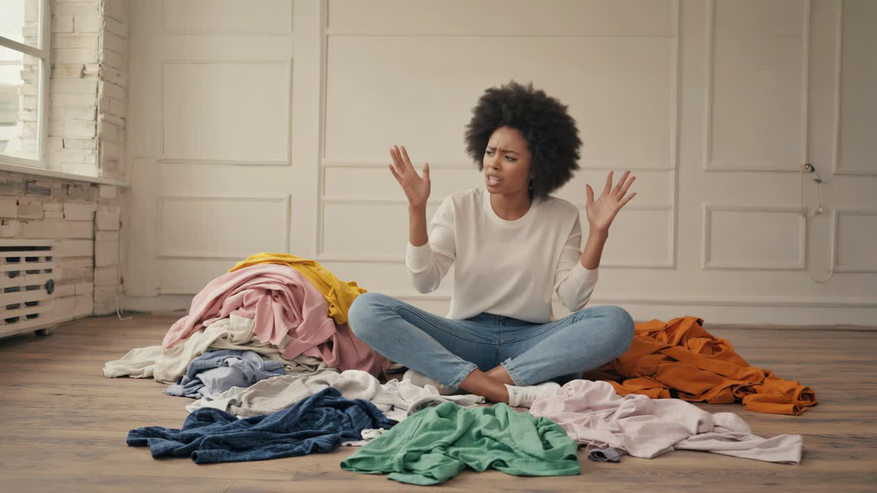 Frustrated woman sitting amidst a pile of clothes
