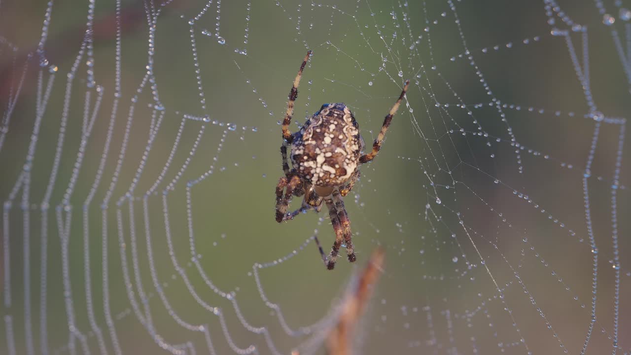 hermosa araña grande, araña de jardín europea femenina colgando en una telaraña cubierta de rocío