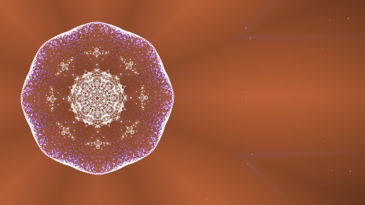 갈색 배경 위에 다른 칼레도스코픽 패턴을 수행하는 추상적인 원형 입자 클러스터의 루프 무결 영상입니다.