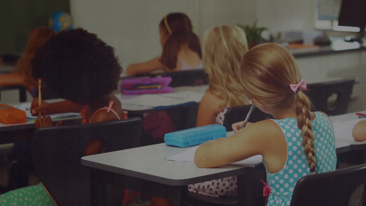 Classroom students writing starting bar chart overlay tracking progress fading blonde girl smiling