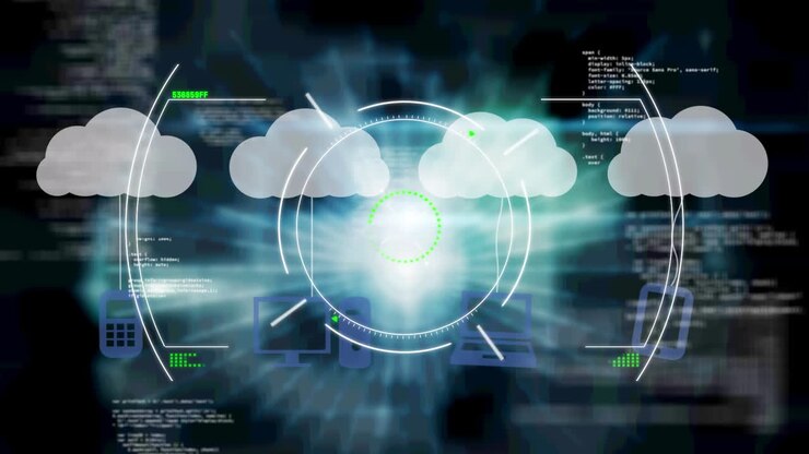 Animation of clouds and digital icons over scope on black background