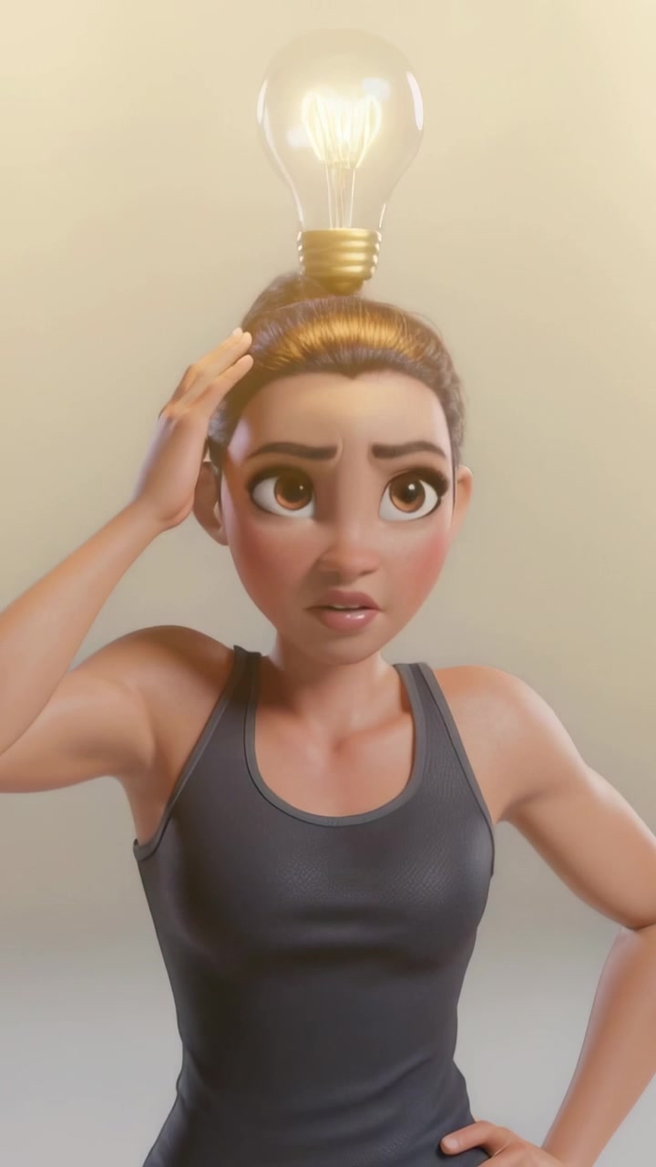 Video verticale: Donna in canotta che si tiene la tempia, con i capelli legati, si picchietta la testa e appare una lampadina, come se avesse un'idea.