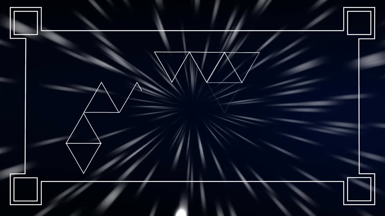 animación de un marco blanco con triángulos blancos sobre rastros de luz