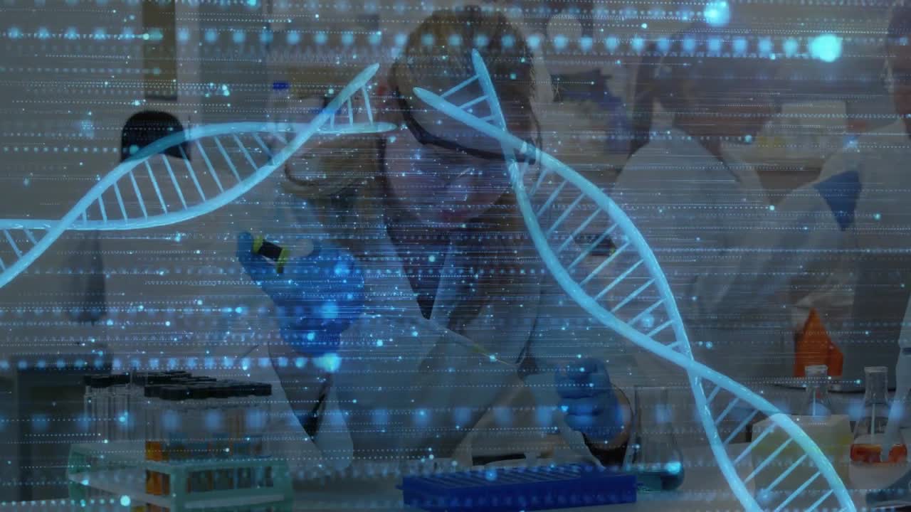 Lab tech picking up pipette triggers DNA helix overlay and performing pipetting for genetic assay
