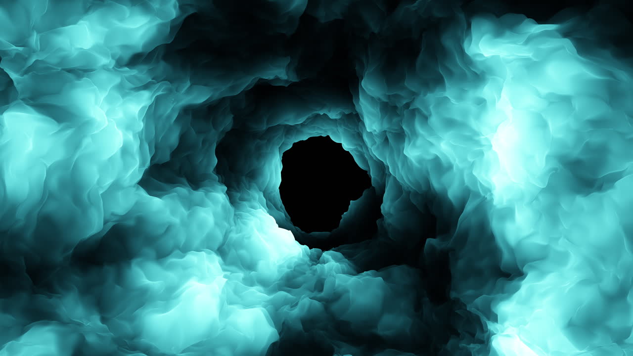 Flowing turquoise smoke forms a swirling vortex tunnel with a dark center, creating an abstract atmospheric background for sci fi, mystery, energy, or transition scenes
