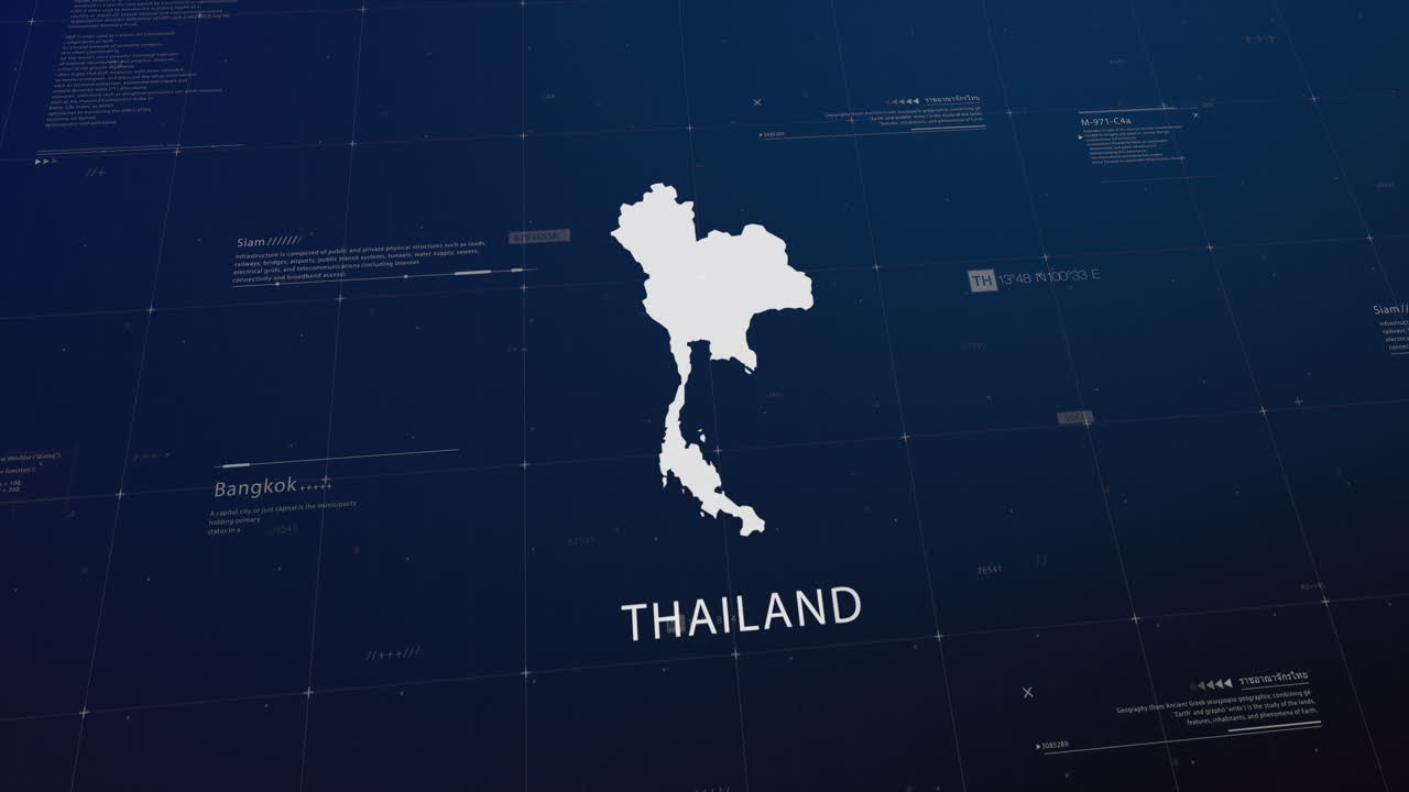 Thailand country map comes to life with cinematic panning, unveiling key details, the capital, and slogan, providing an engaging background for corporate and commercial use