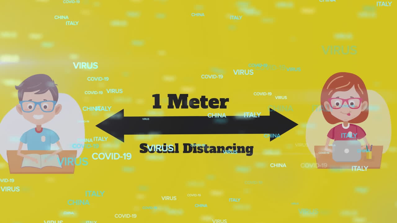 사회적 거리를 유지하는 학교 소년과 소녀에 대한 코로나바이러스 개념 텍스트
