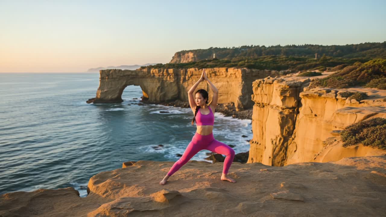 A Serene Sunrise Yoga Session on the Cliffs Overlooking the Ocean, Emphasizing Balance and Tranquility Amidst Nature's Splendor