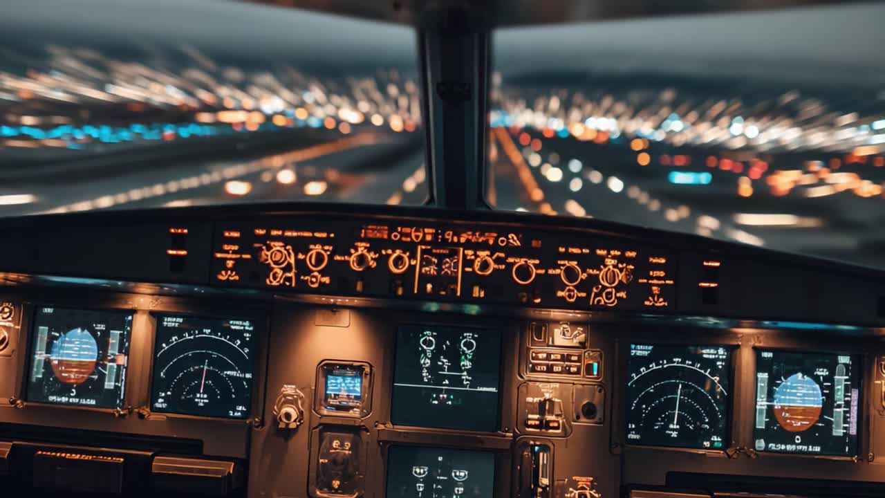 Vista accattivante dalla cabina di pilotaggio: una prospettiva aerea mentre l'aereo è pronto per il decollo e si prepara a navigare nel paesaggio urbano notturno sottostante