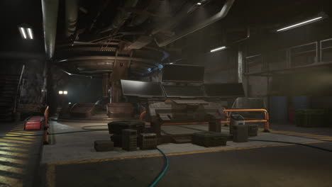 A dark, industrial control room with computers and machinery
