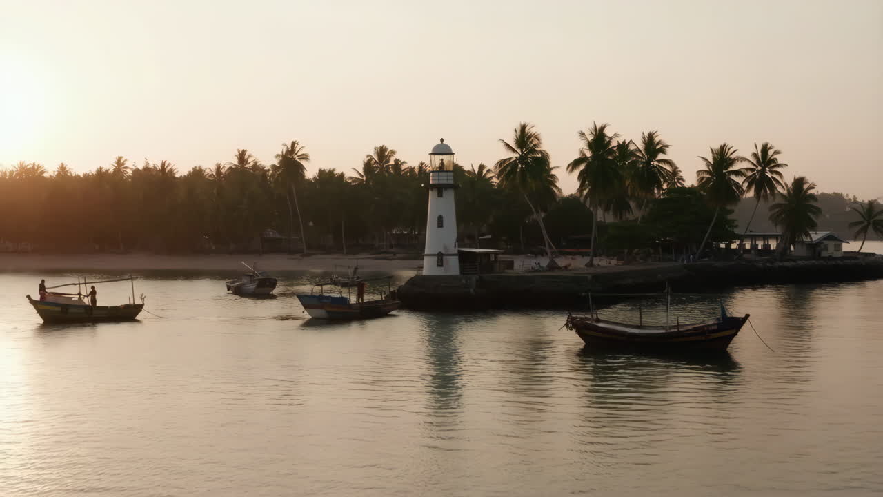 Tropical Lighthouse and Boats at Sunrise or Sunset