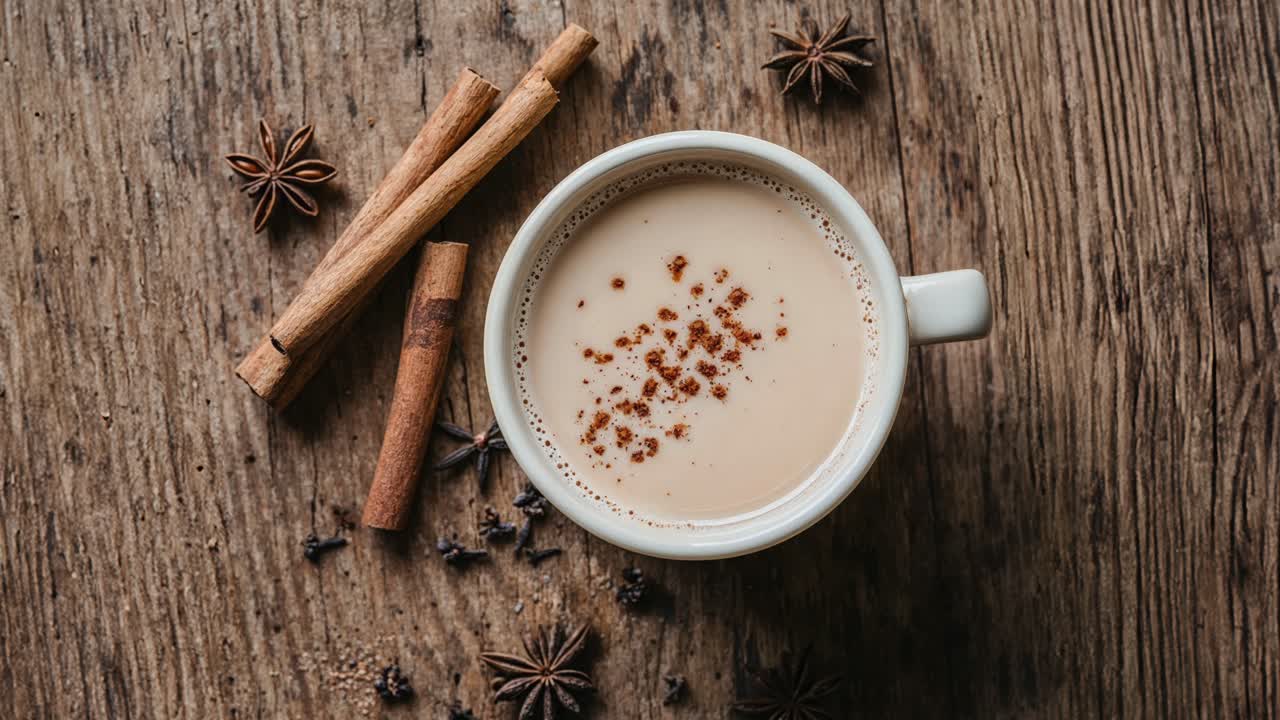 chai latte caliente con especias con canela y anís estrellado