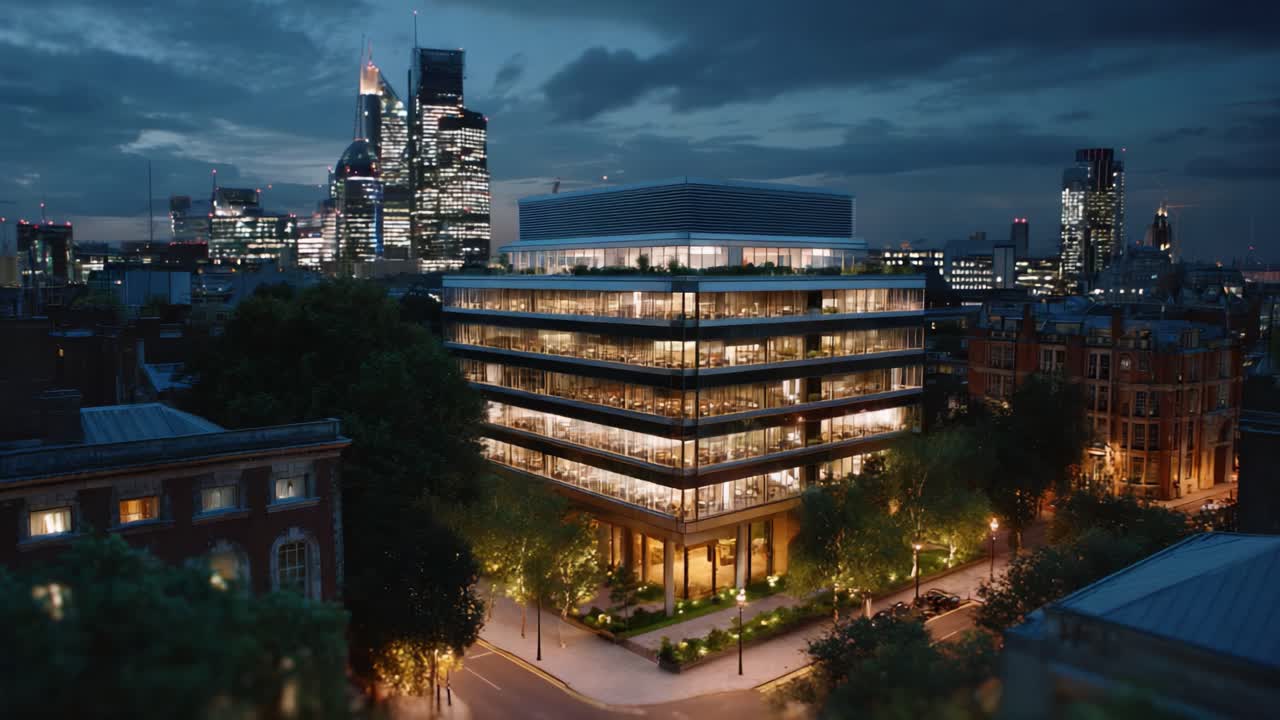 Uma moderna maravilha arquitetônica iluminada à noite, exibindo elegância urbana com fachadas de vidro reflexivas em meio a um horizonte vibrante da cidade em um ambiente urbano