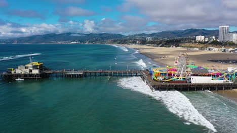 aerial view around the santa monica pier, calm, sunny day in los angeles, usa