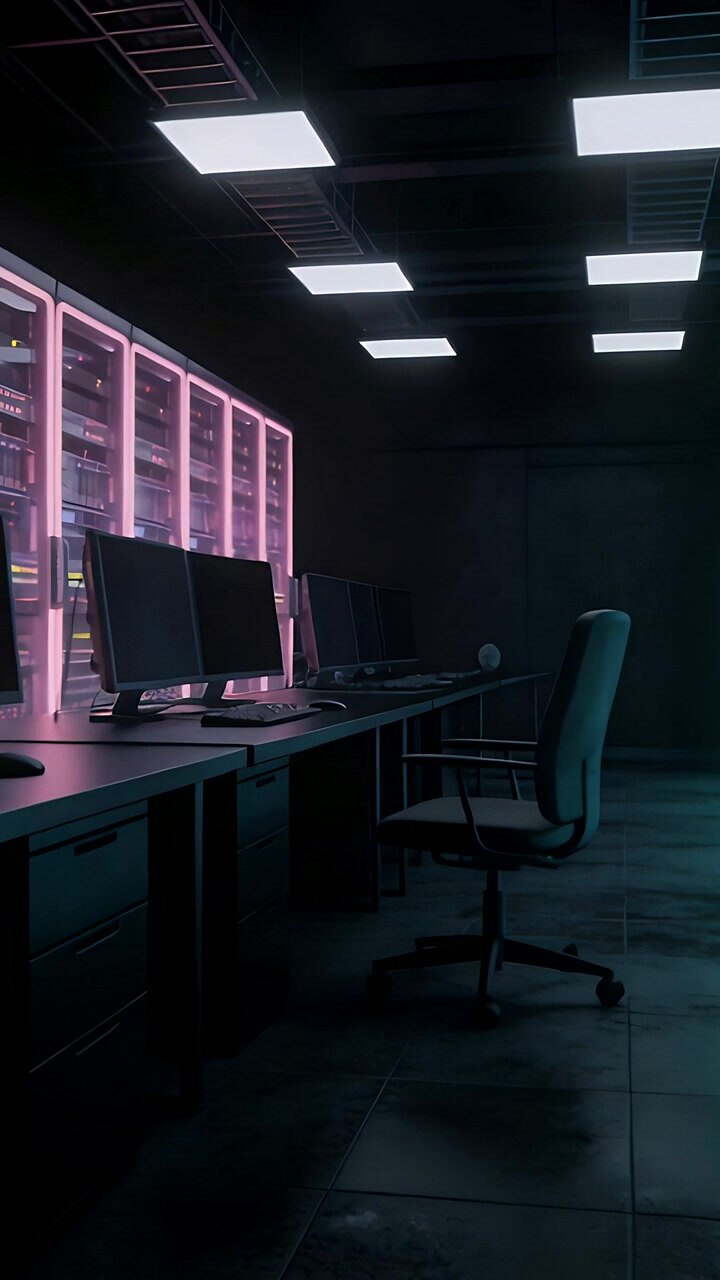 Vertical video: Panning camera revealing desk with 3 screens near server racks, showing LED shift