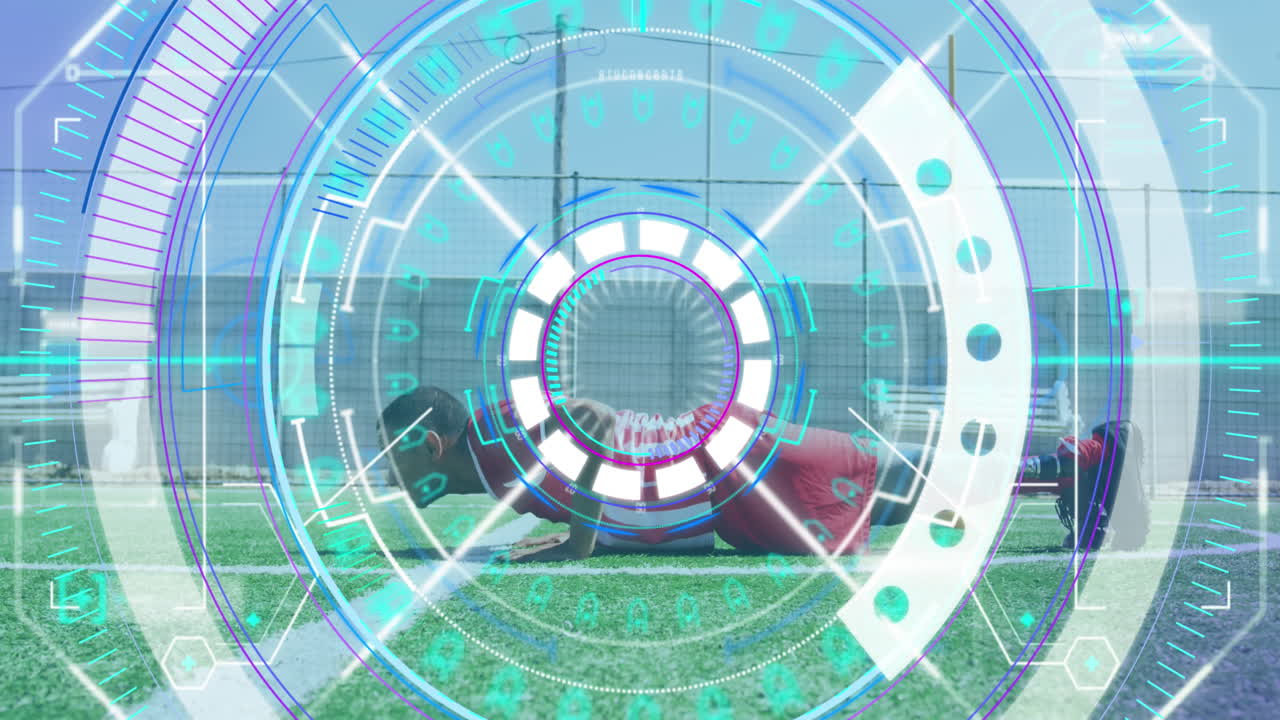 男性サッカー選手のスキャンアニメーション ⁇ 義肢でプッシュアップをしている