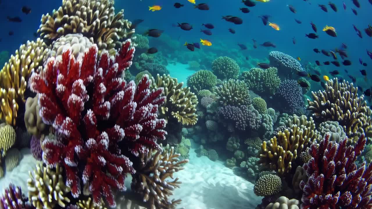Vibrant underwater scene with diverse coral and fish, captured from a wide-angle perspective