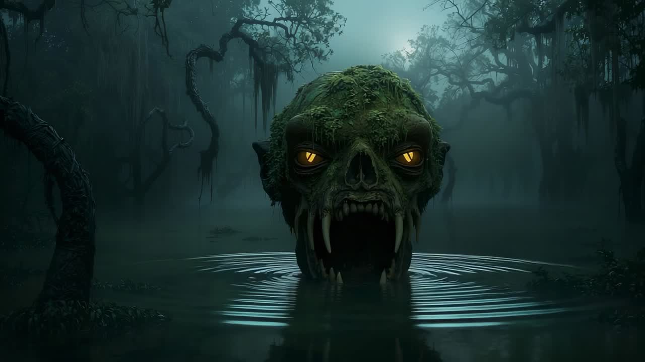 Glowing yellow eyes piercing swamp as mossy skull head rising from water, exposing fanged teeth