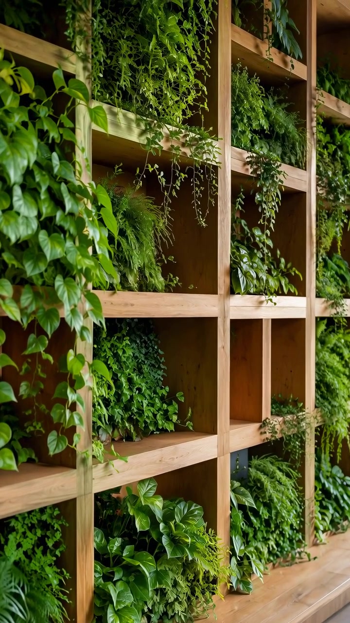 La telecamera scivola verso una vegetazione a strati disposta in scomparti di legno aperti, portando in primo piano viti pendenti, piante a foglia, texture di felci e legno naturale caldo