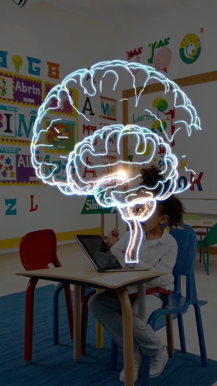 A child in a classroom setting, viewed from a front angle, with a glowing brain overlay