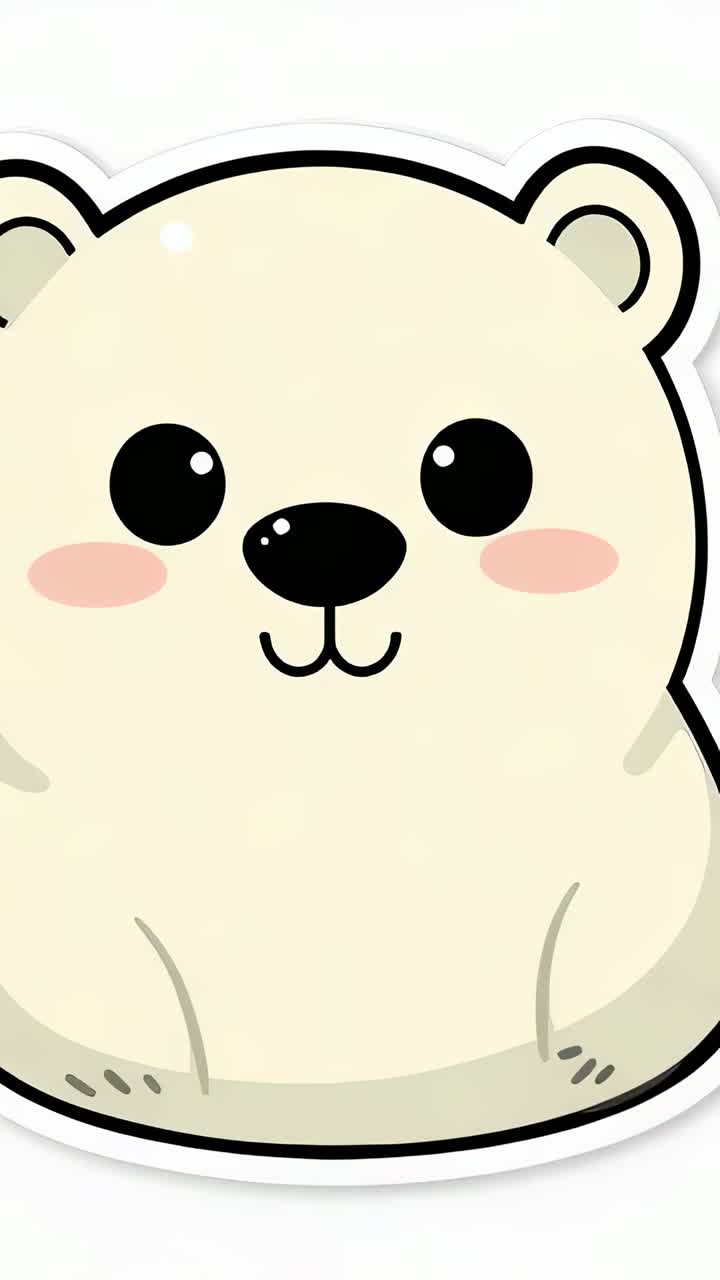 Vertical video: Playing cartoon bear sticker bobbing on white backdrop, showing nose and blush