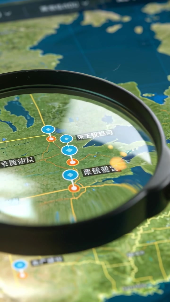 Video verticale: Mano che muove una lente d'ingrandimento su una mappa su tablet, rivelando etichette cinesi e un punto arancione