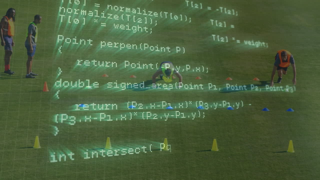 Animation of data processing over diverse male soccer players on sports field
