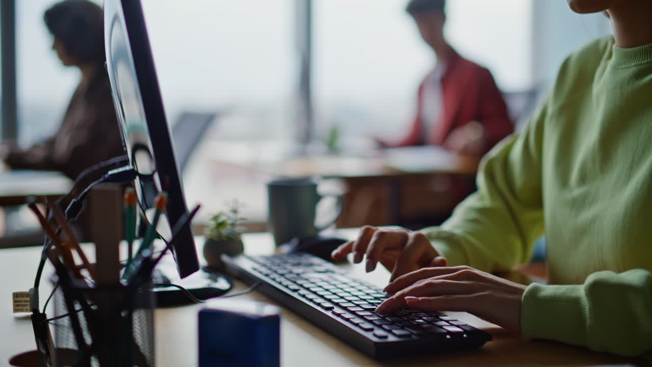 Online manager hands typing keyboard making report corporate office closeup