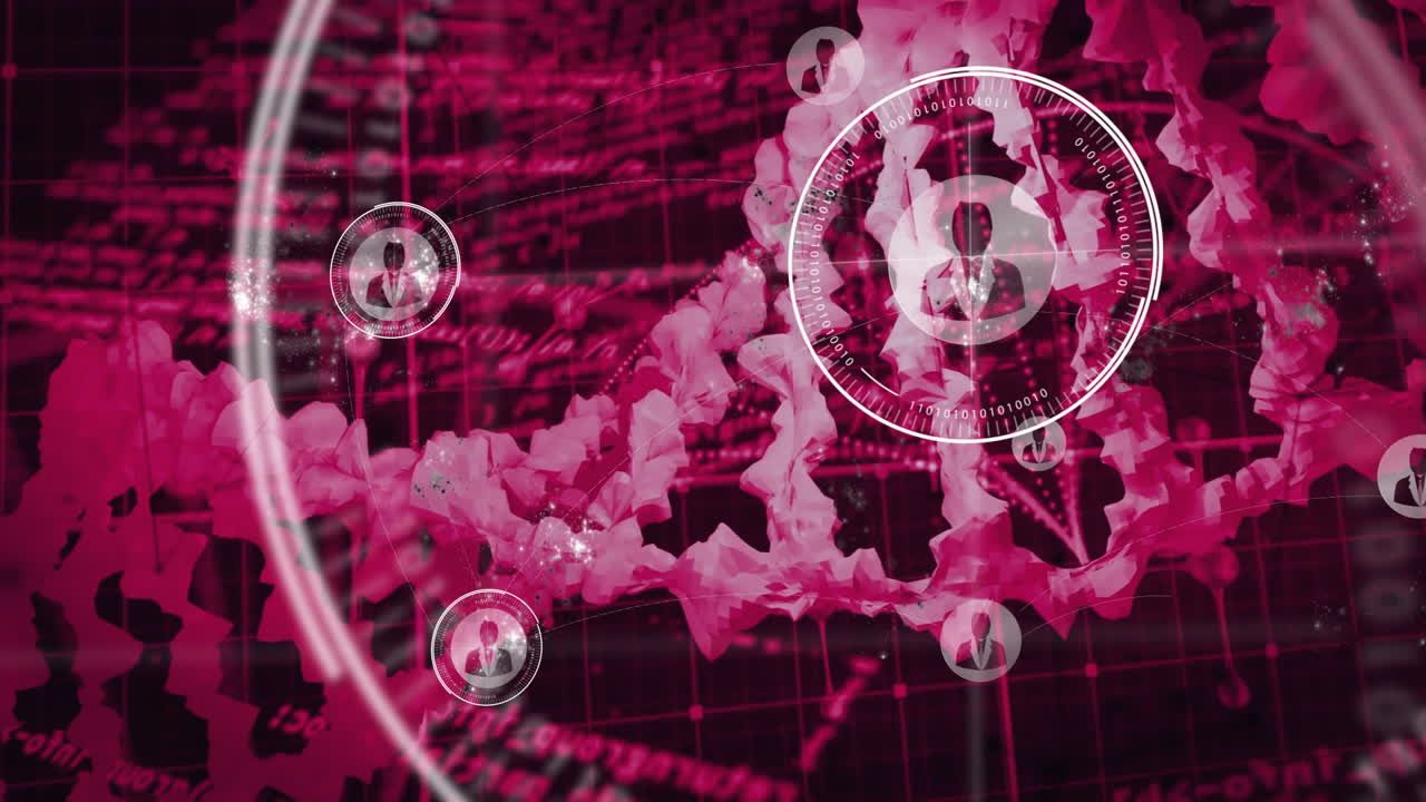 Animation of DNA strand with digital interface elements in scientific background