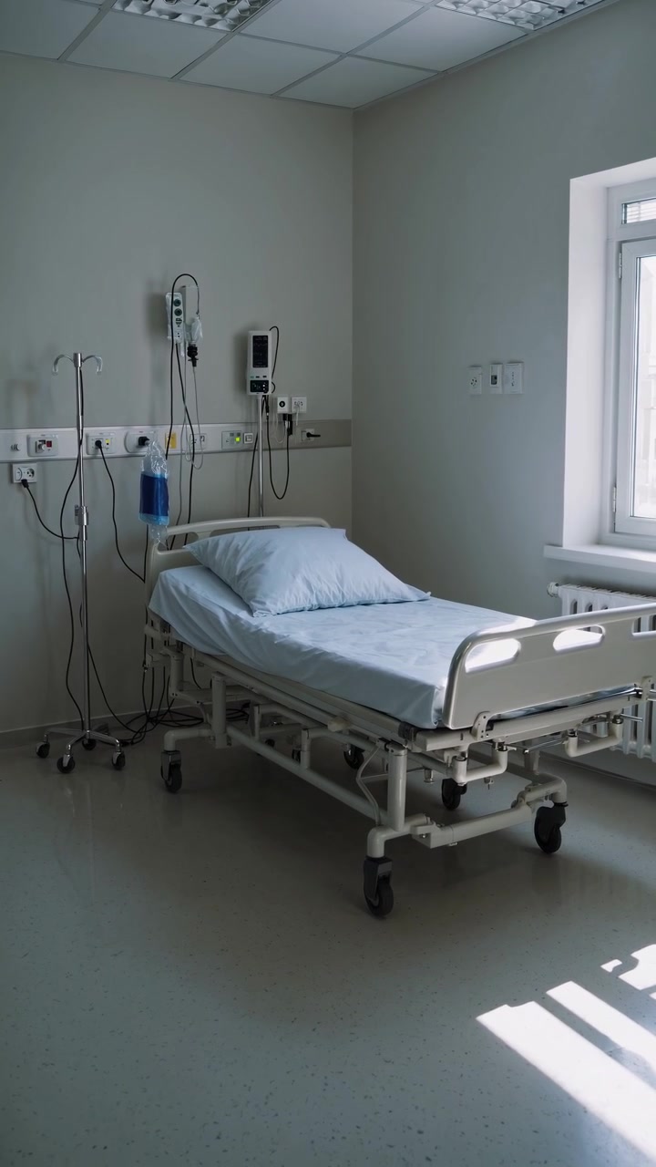 Stanza d'ospedale vuota con letto medico e attrezzature