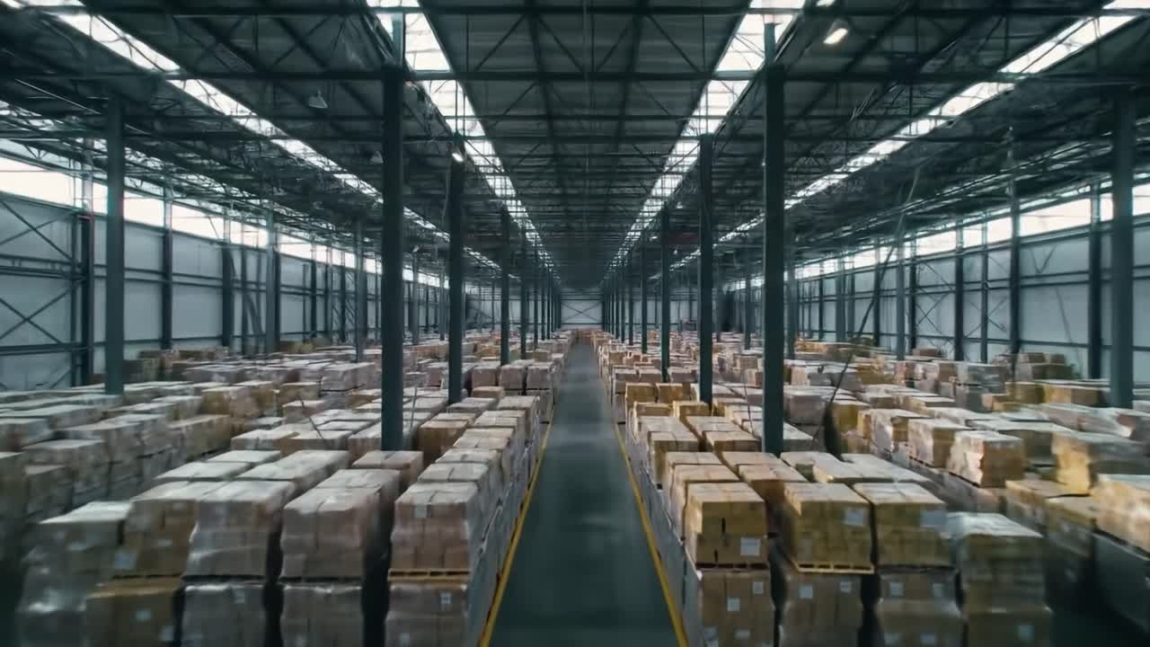 Inside a vast warehouse, rows of stacked boxes are neatly arranged on pallets. Bright lights illuminate the high ceilings, creating an organized atmosphere conducive for storage and distribution.