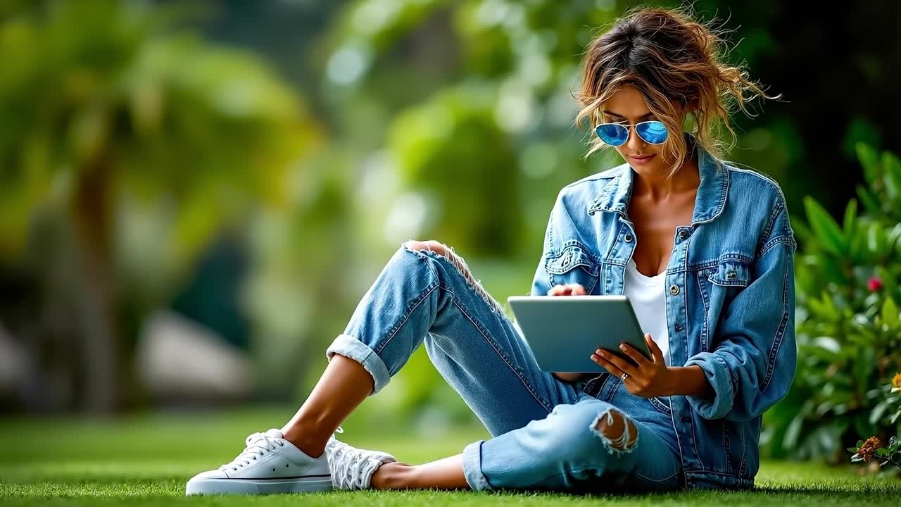 A woman sitting on the grass using a tablet computer
