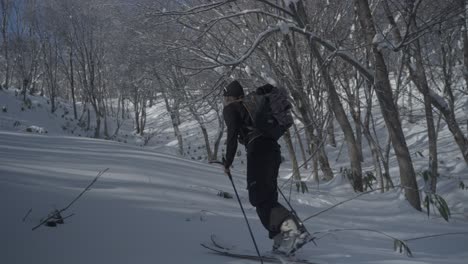 Ein-Mann-Erklimmt-Im-Winter-Mit-Einem-Splitboard-Einen-Schneebedeckten-Hügel-In-Hokkaido,-Japan