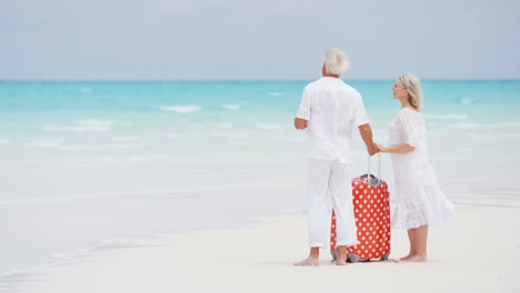 male female caucasian seniors on beach with suitcase