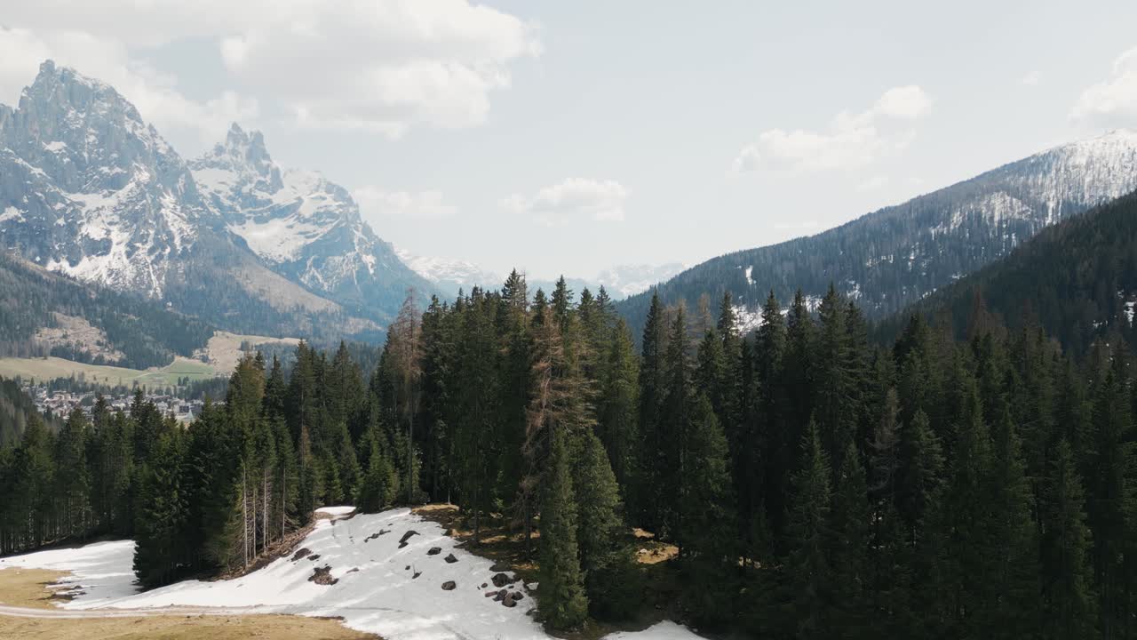 descendiendo sobre árboles de abeto con la cordillera de dolomitas en el fondo en italia