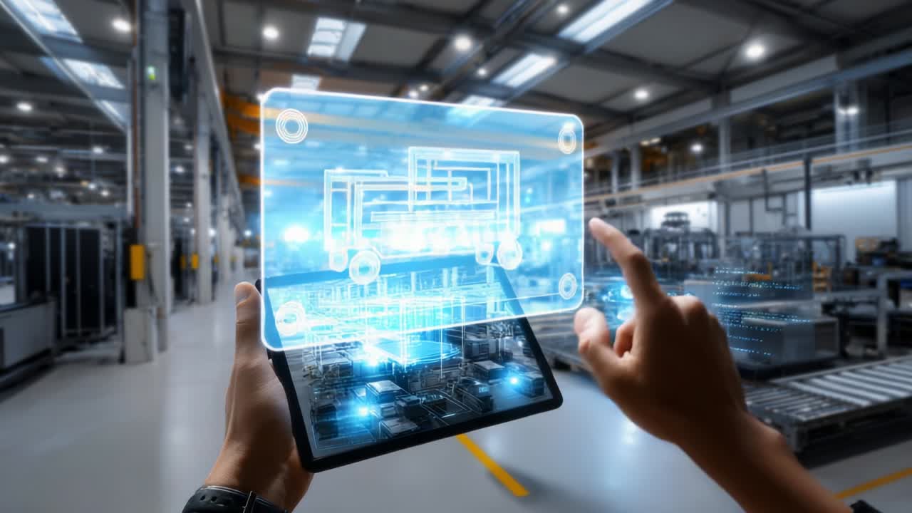 A person uses a tablet to interact with holographic technology in a modern manufacturing facility, showcasing advanced industrial processes, automation, and digital interfaces for enhancing factory workflows and efficiency