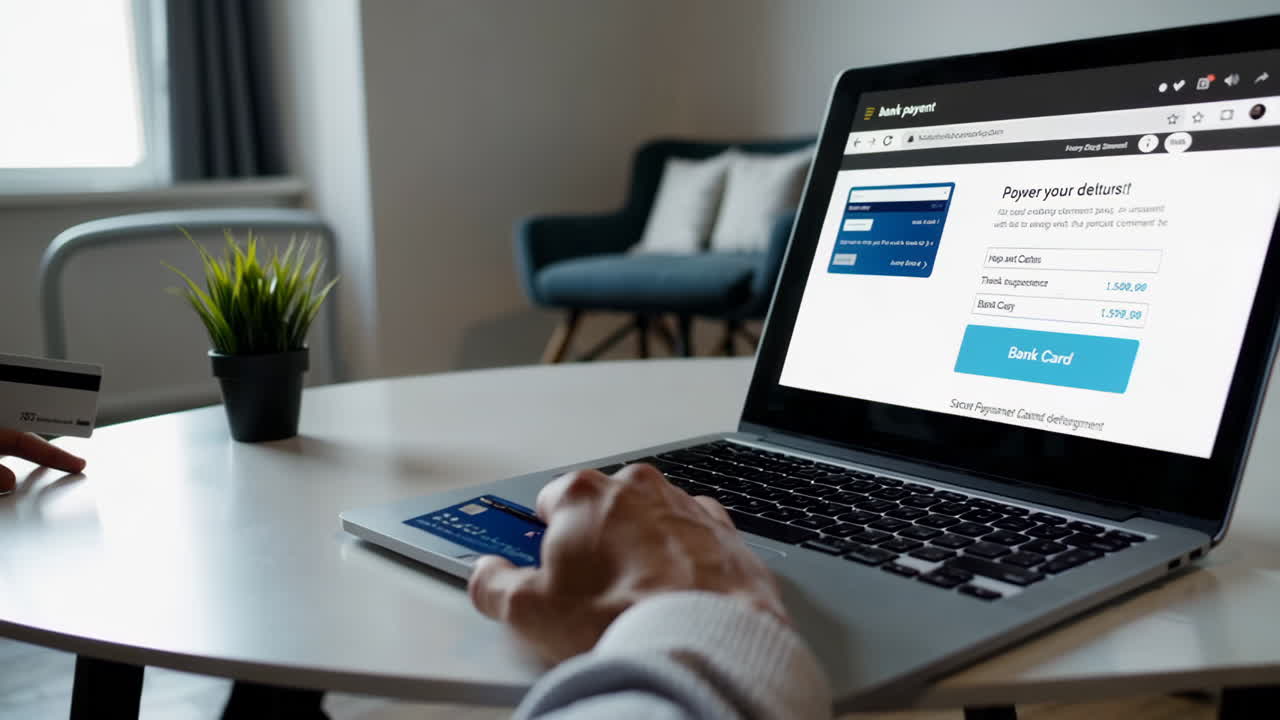 A person makes an online bank payment using a laptop and a credit card