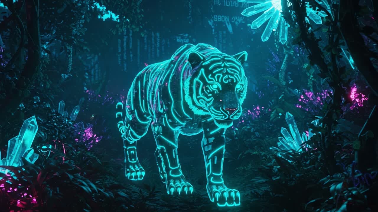 A Glowing Cybernetic Tiger Protrudes Through an Enchanted Neon Forest, Illuminating the Magical Aura of Crystals and Vivid Colors in a Stunning Visual Spectacle