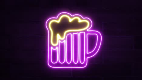 A-neon-sign-depicting-a-medium-sized-beer-mug-with-overflowing-foam,-flickering-against-a-brick-wall,-featuring-pink,-purple,-and-yellow-colors