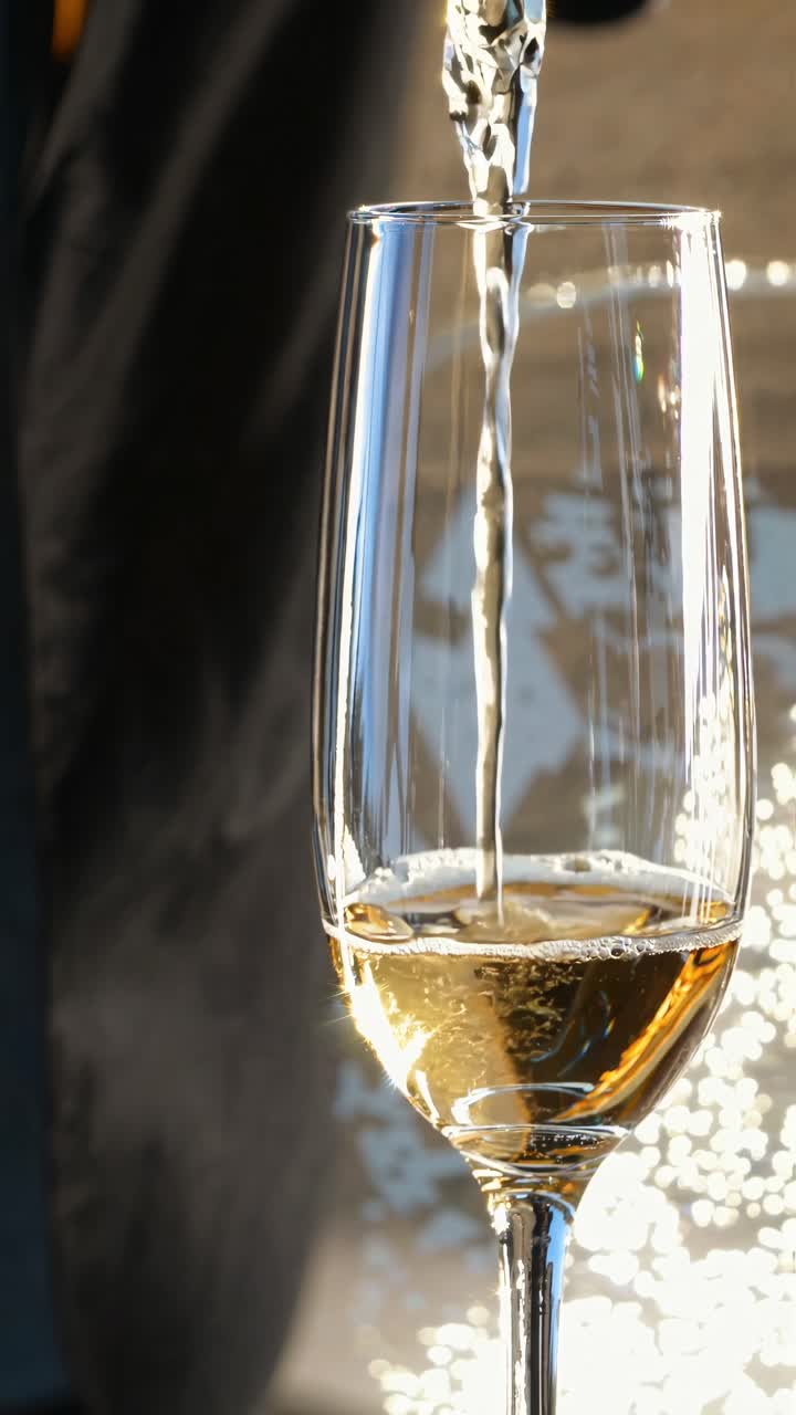 Video ravvicinato di champagne versato in un bicchiere, che cattura le bollicine frizzanti.
