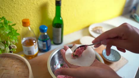 manos masculinas preparando albóndigas de gyoza japonesas en un entorno de cocina brillante, vista bloqueada