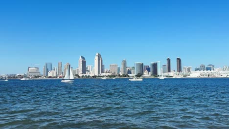 san diego downtown waterfront panorama, with boats on water and urban architecture